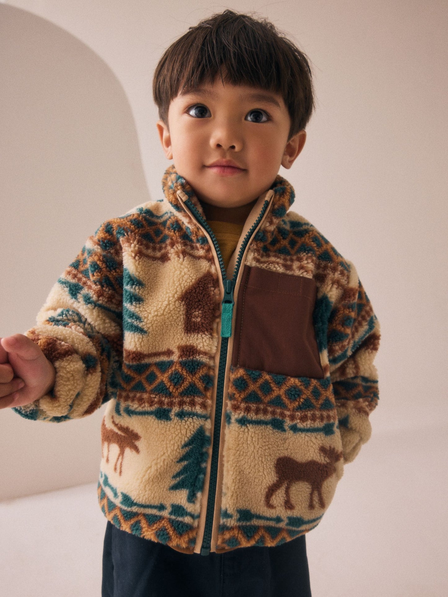 Ecru/Brown Patterned Zip Through Fleece (3mths-7yrs)