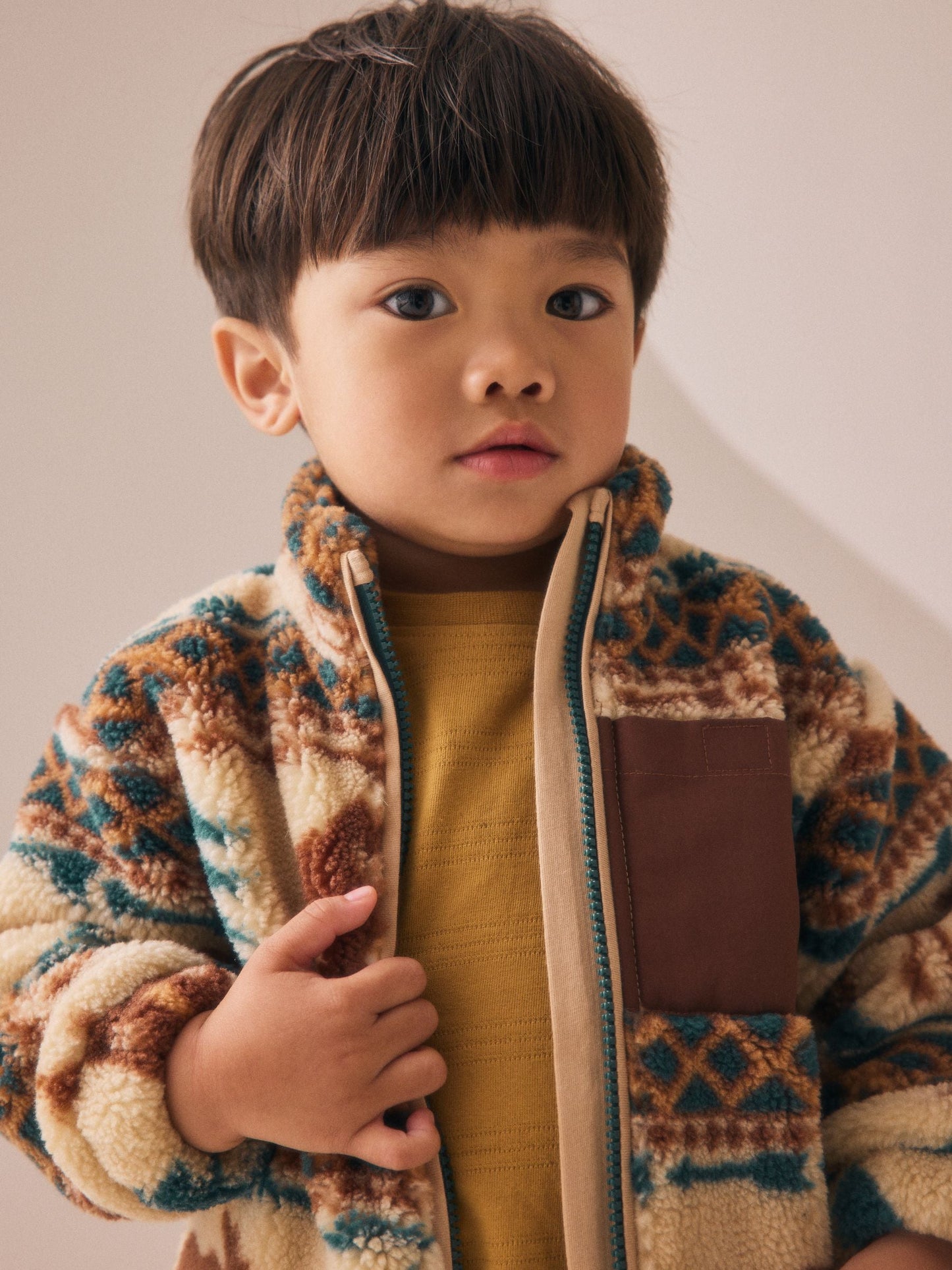 Ecru/Brown Patterned Zip Through Fleece (3mths-7yrs)