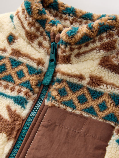 Ecru/Brown Patterned Zip Through Fleece (3mths-7yrs)