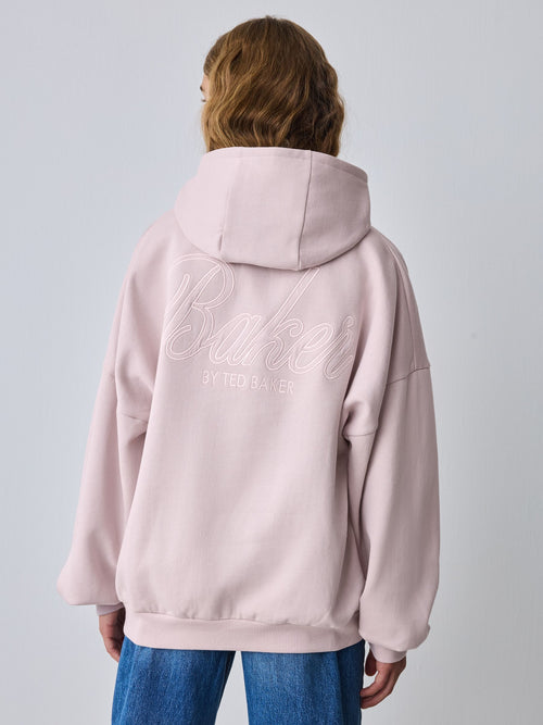 Baker by Ted Baker Oversized Satin Appliqué Back Print Pink/White Hoodie image 1