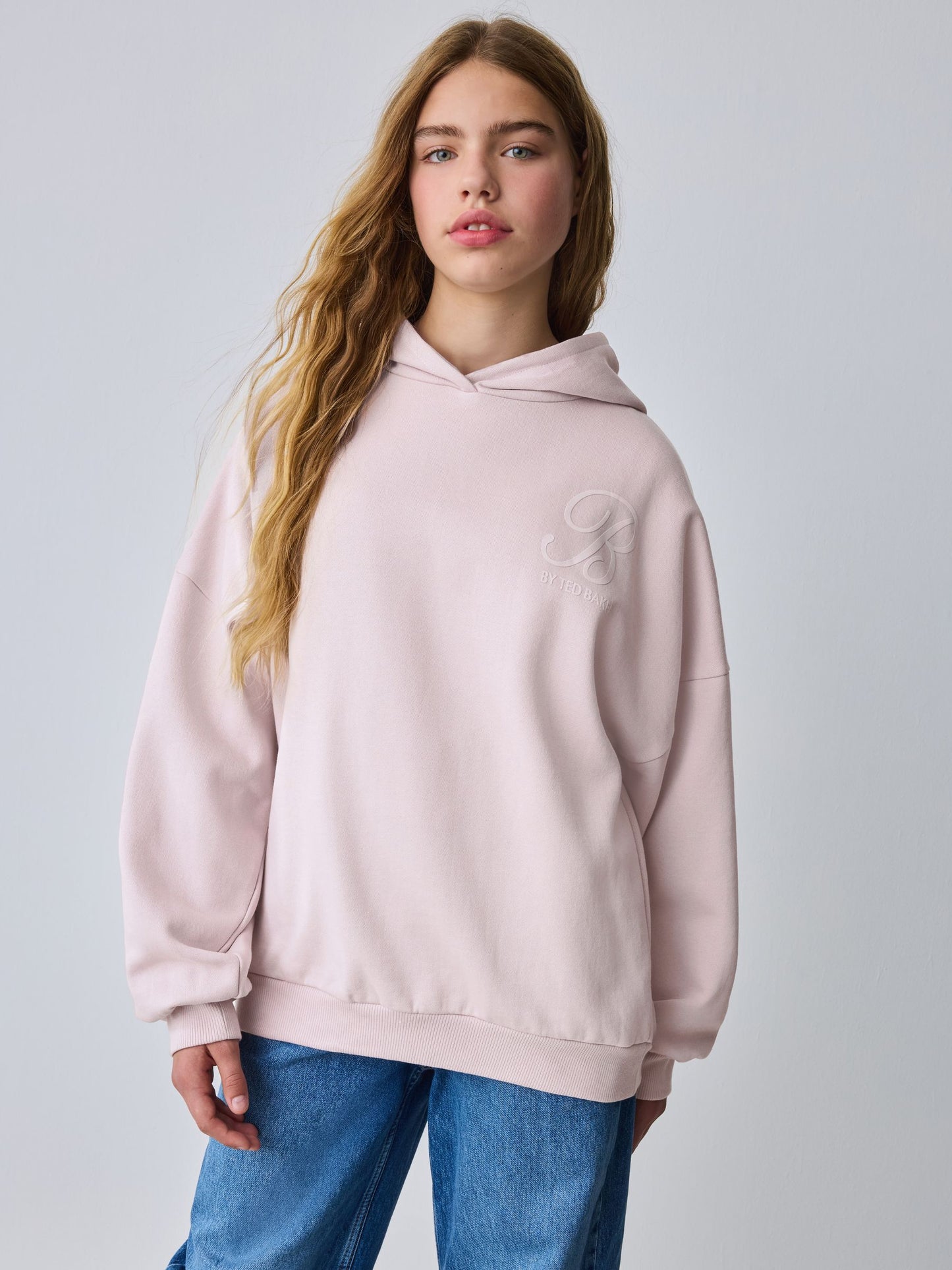 Baker by Ted Baker Oversized Satin Appliqué Back Print Pink/White Hoodie image 2