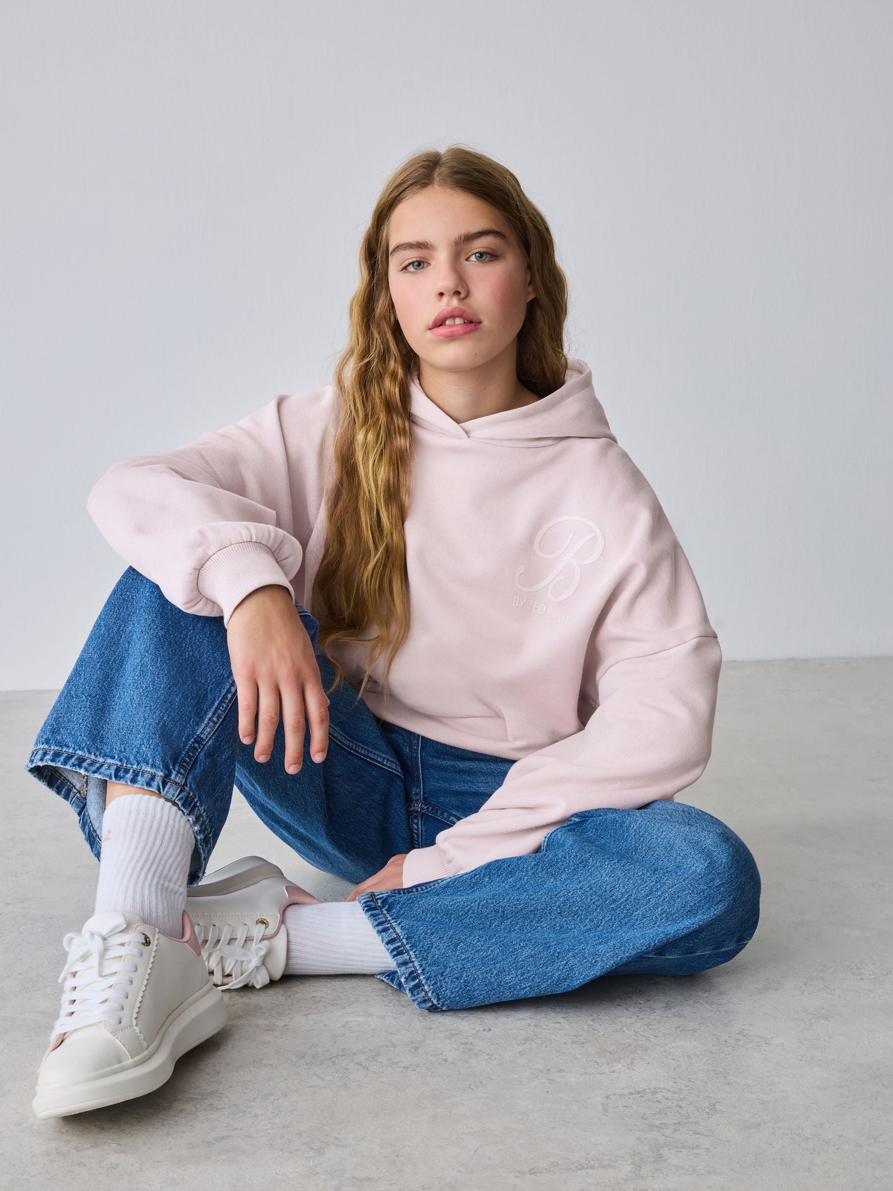 Baker by Ted Baker Oversized Satin Appliqué Back Print Pink/White Hoodie image 4