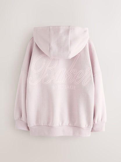 Baker by Ted Baker Oversized Satin Appliqué Back Print Pink/White Hoodie image 8