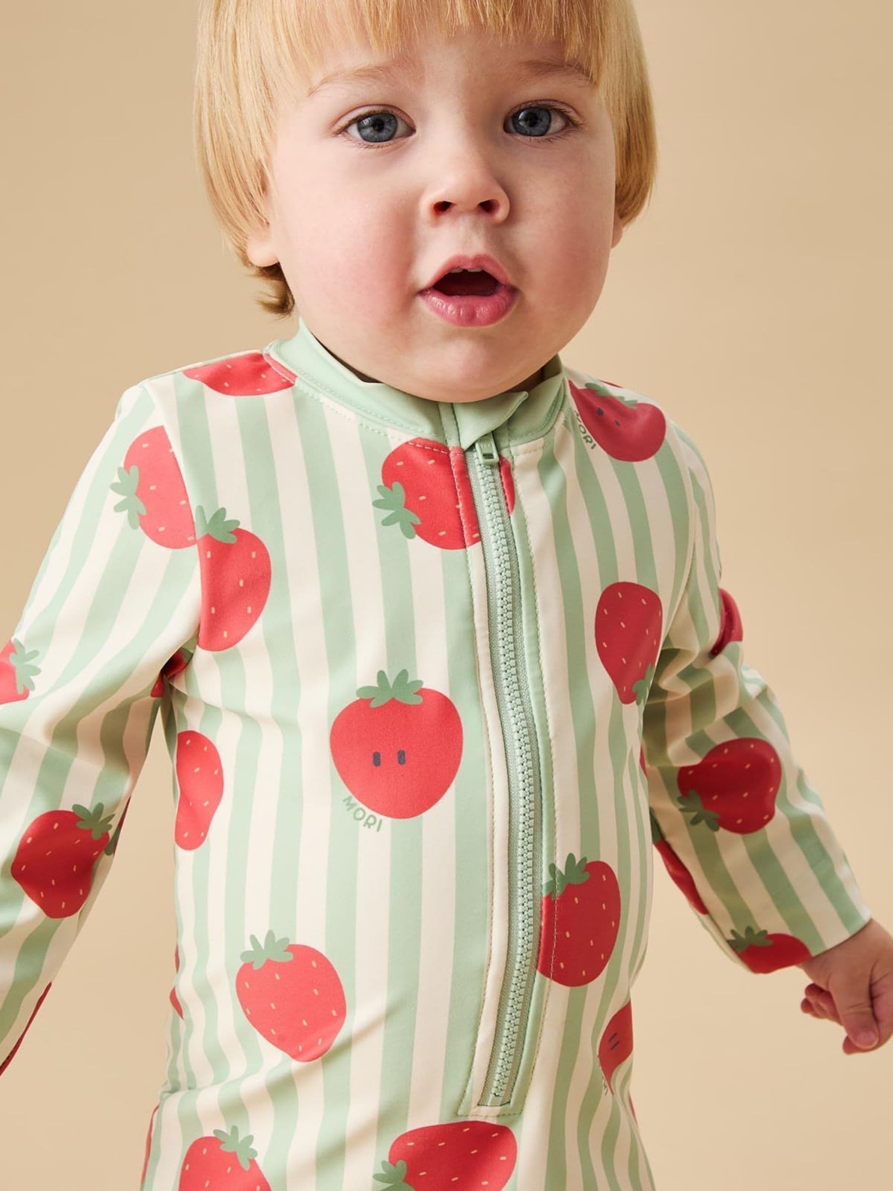 MORI Green UPF 50+ Strawberry Stripe Sun Safe Zip-Up Swimsuit image 3
