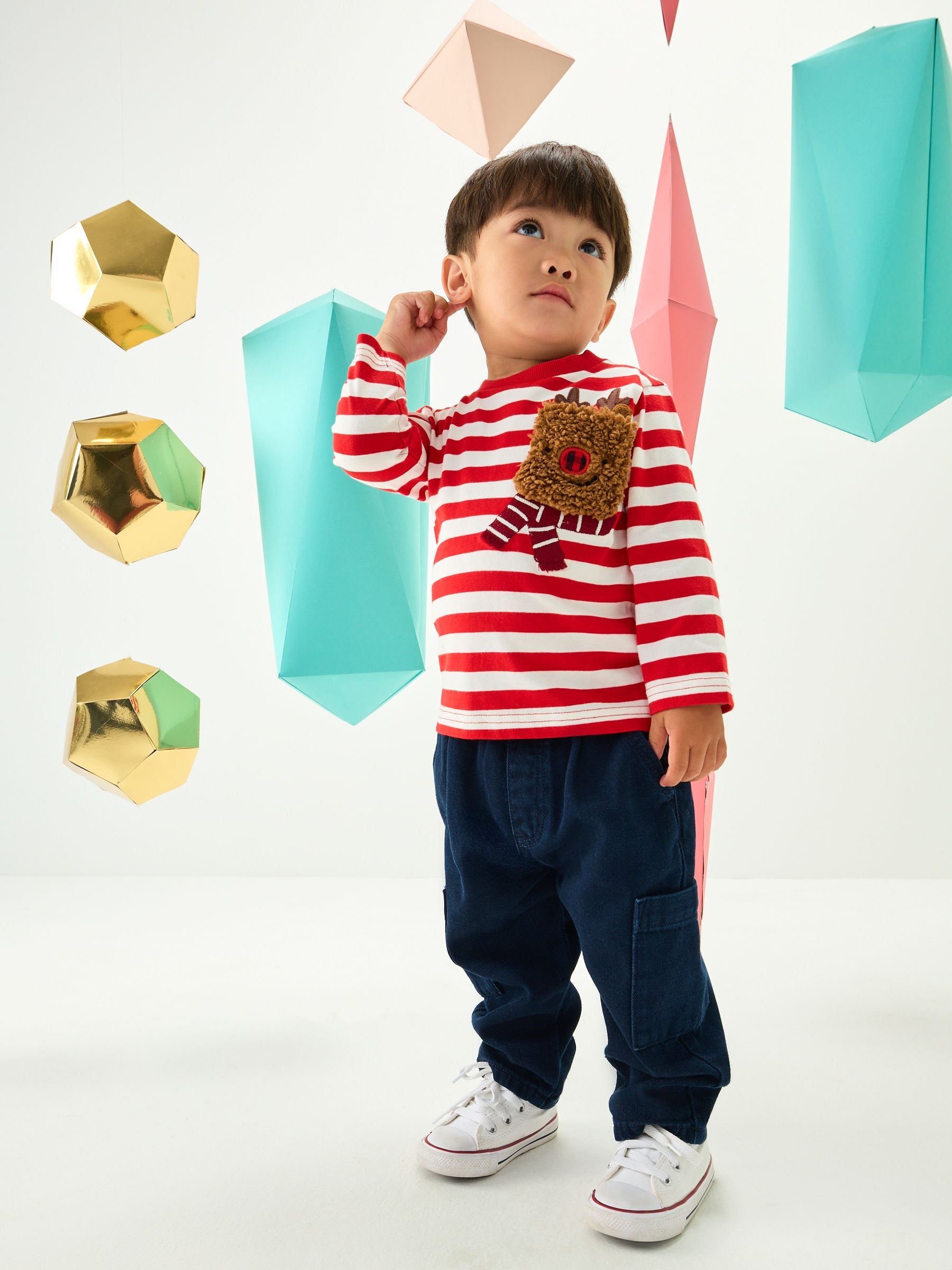 White/Red Reindeer Pocket Christmas Long Sleeve T-Shirt (3mths-7yrs) image 1