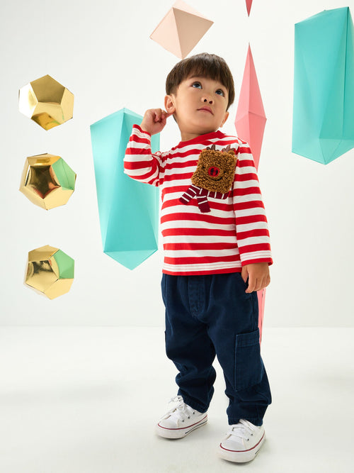 White/Red Reindeer Pocket Christmas Long Sleeve T-Shirt (3mths-7yrs) image 1
