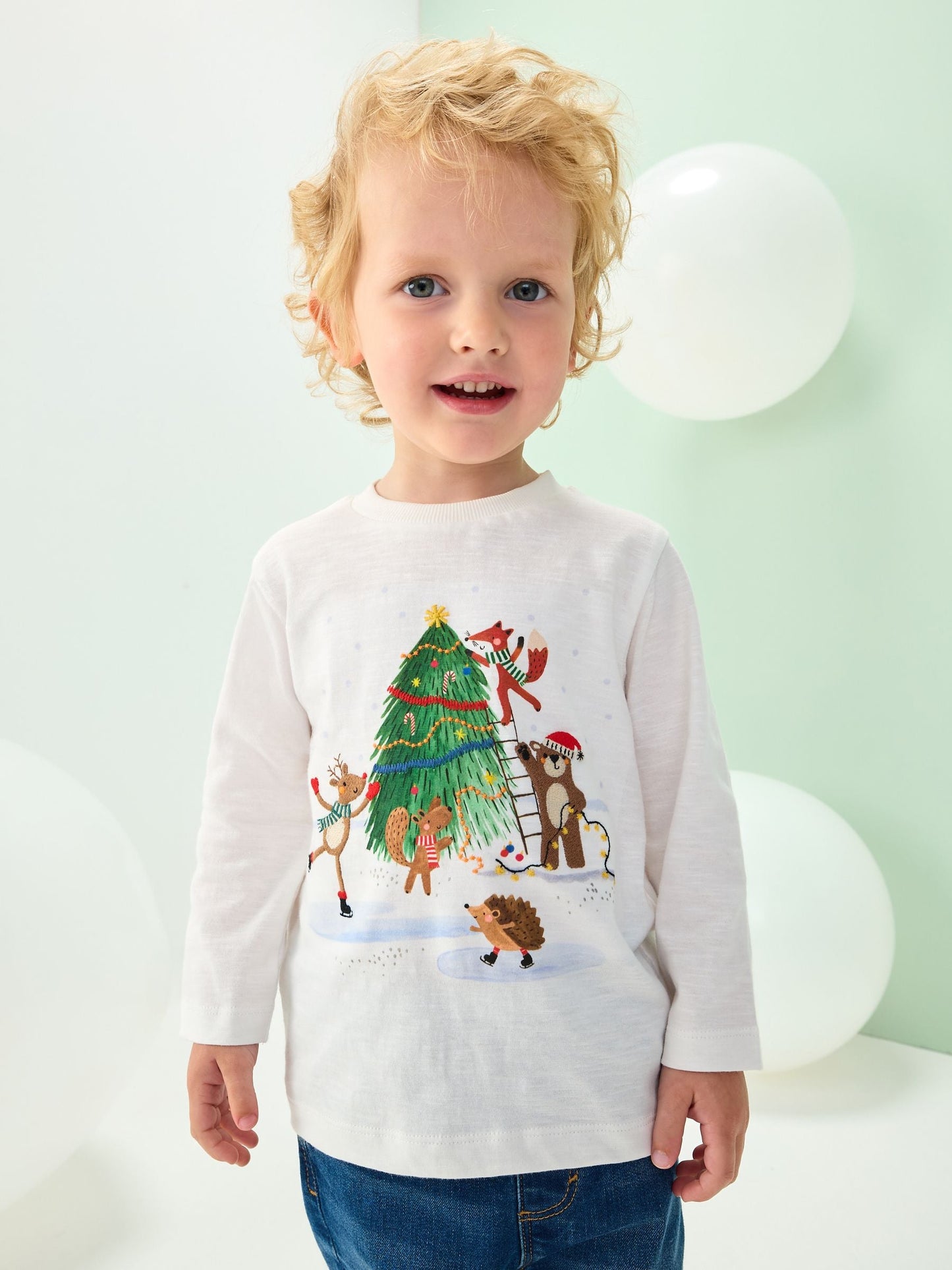 White Graphic Print Embroidered Christmas Long Sleeve T-Shirt (3mths-8yrs)