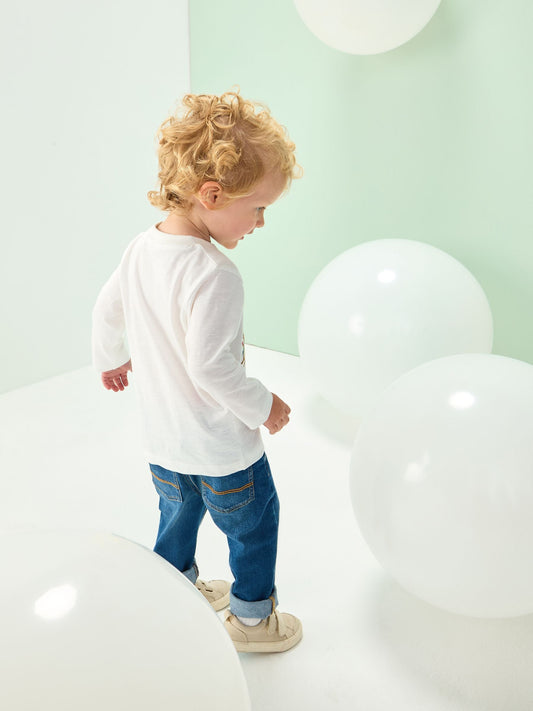 White Graphic Print Embroidered Christmas Long Sleeve T-Shirt (3mths-8yrs)