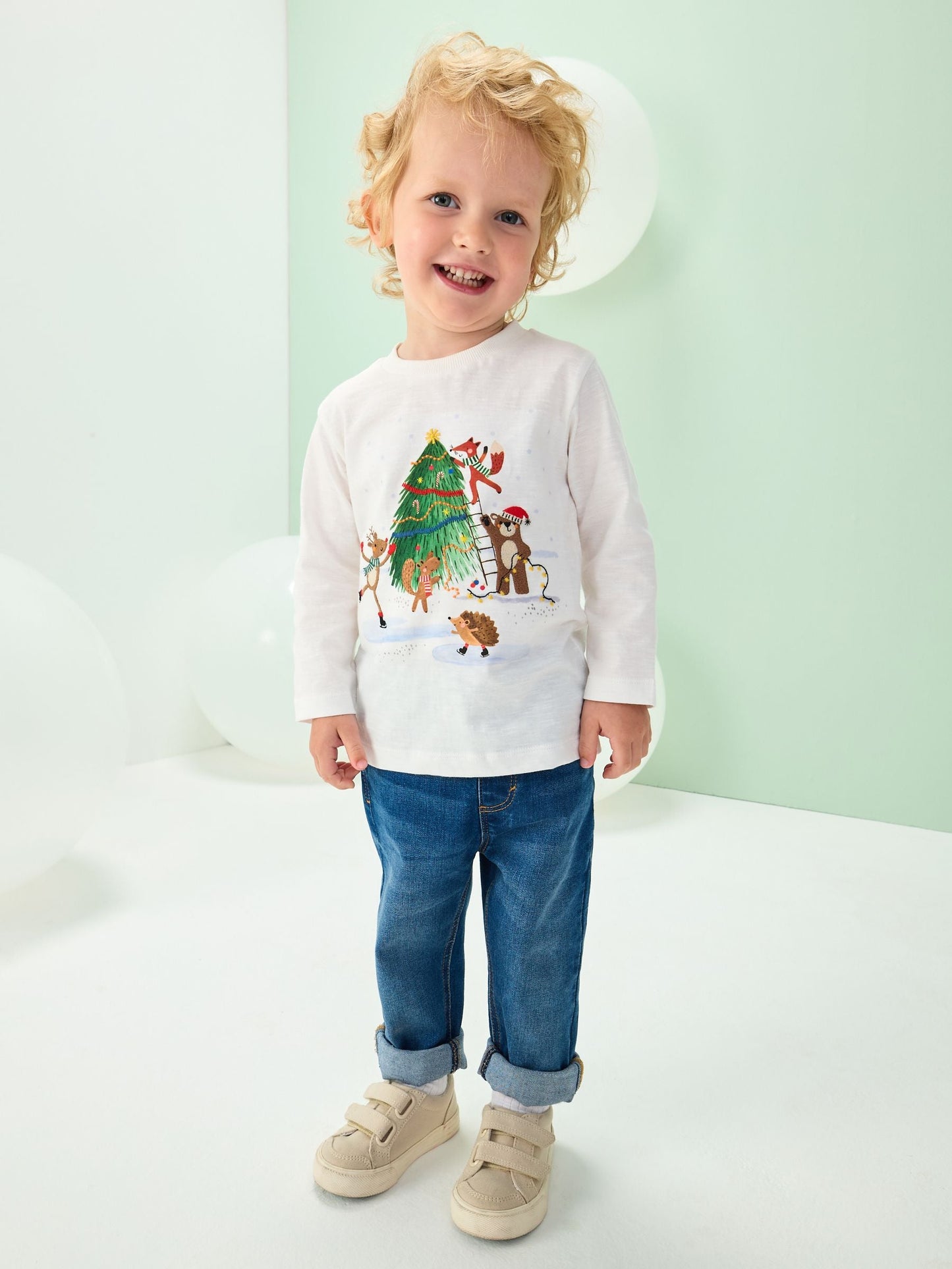 White Graphic Print Embroidered Christmas Long Sleeve T-Shirt (3mths-8yrs)