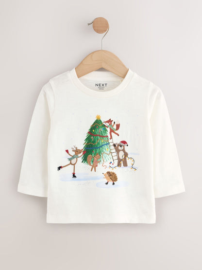White Graphic Print Embroidered Christmas Long Sleeve T-Shirt (3mths-8yrs)