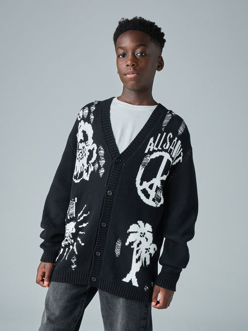 smALLSAINTS Black Motive Graphic Distressed Knitted Cardigan - image 1