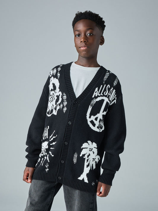smALLSAINTS Black Motive Graphic Distressed Knitted Cardigan - image 1