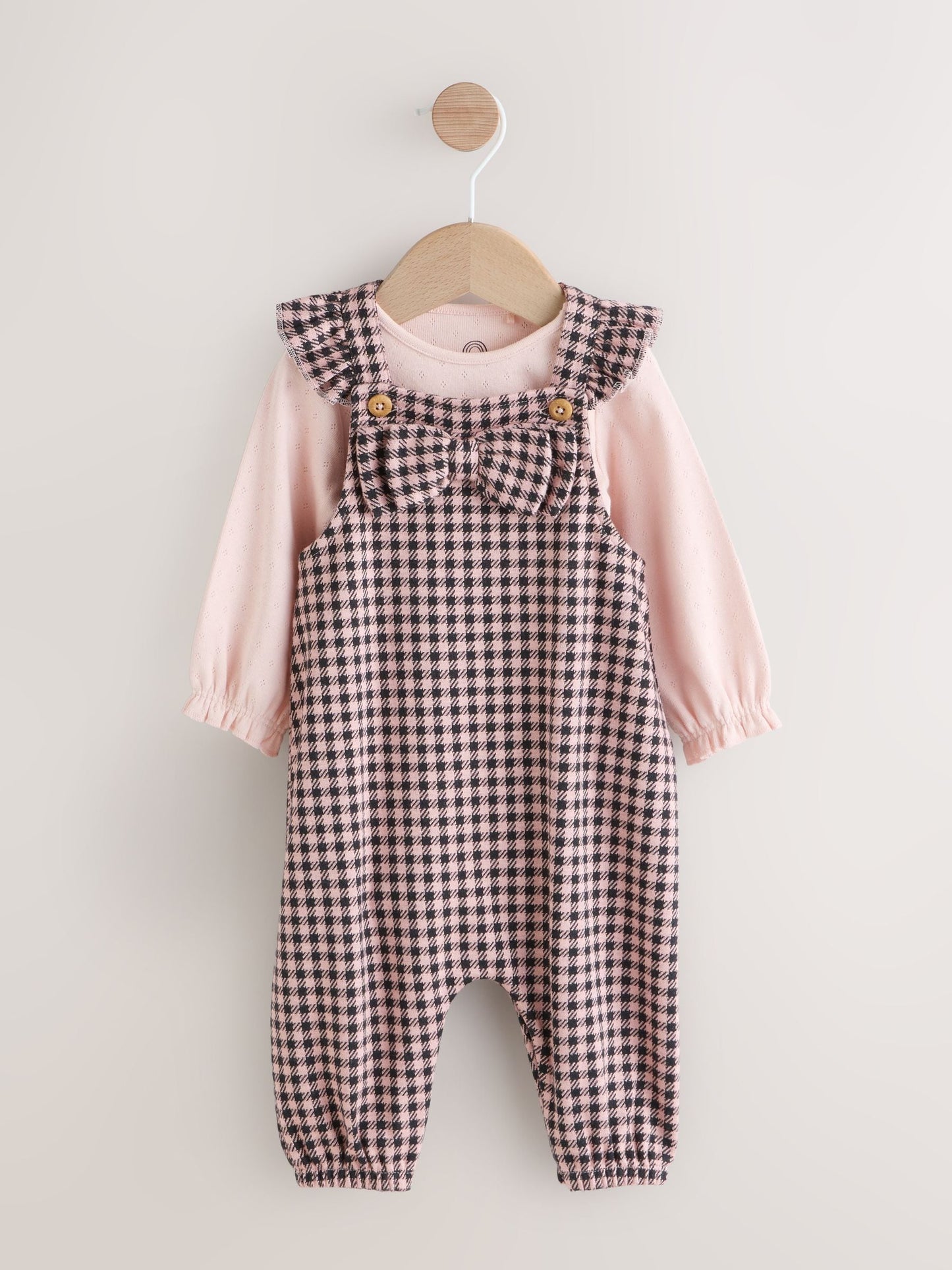 Pink / Chocolate Gingham Baby Long Sleeve Bodysuit and Dungarees 2 Piece Set (0mths-2yrs)