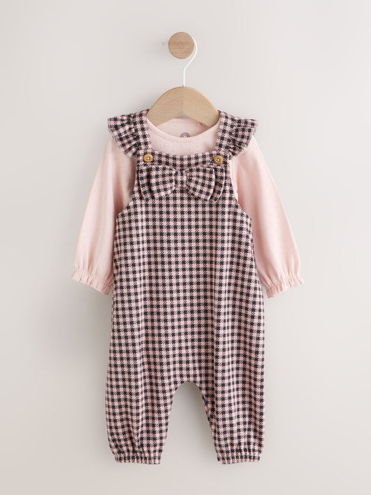 Pink / Chocolate Gingham Baby Long Sleeve Bodysuit and Dungarees 2 Piece Set (0mths-2yrs)