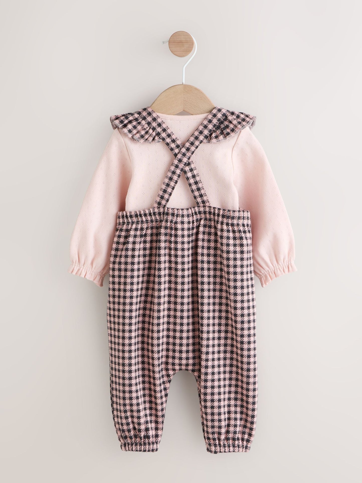 Pink / Chocolate Gingham Baby Long Sleeve Bodysuit and Dungarees 2 Piece Set (0mths-2yrs)