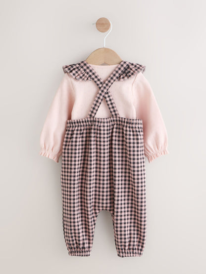 Pink / Chocolate Gingham Baby Long Sleeve Bodysuit and Dungarees 2 Piece Set (0mths-2yrs)