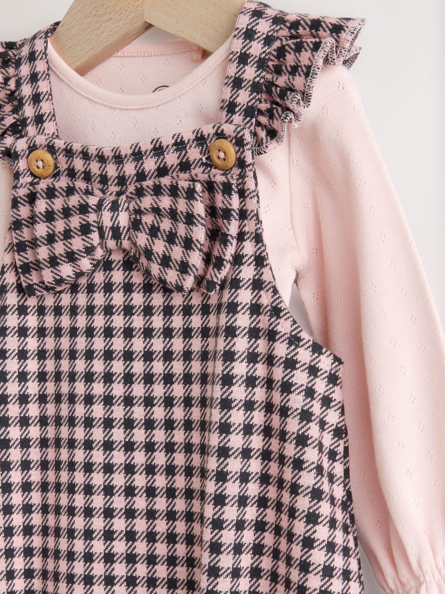 Pink / Chocolate Gingham Baby Long Sleeve Bodysuit and Dungarees 2 Piece Set (0mths-2yrs)