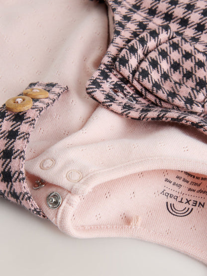 Pink / Chocolate Gingham Baby Long Sleeve Bodysuit and Dungarees 2 Piece Set (0mths-2yrs)