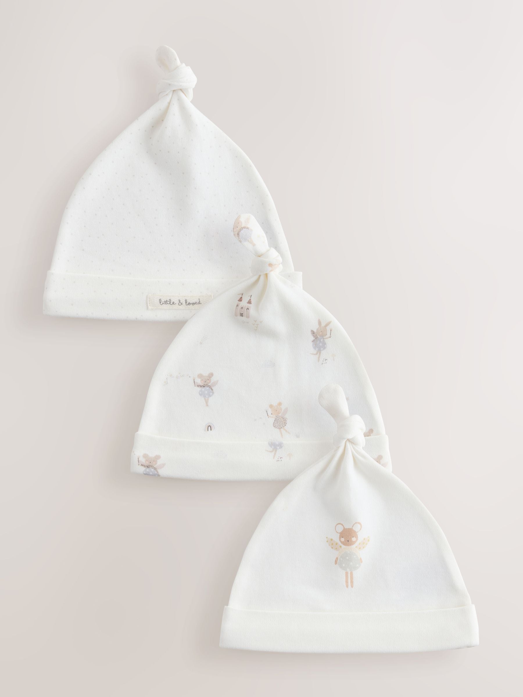 Ecru Fairy Mouse 3 Pack Tie Top Baby Beanies (0-12mths) image 1