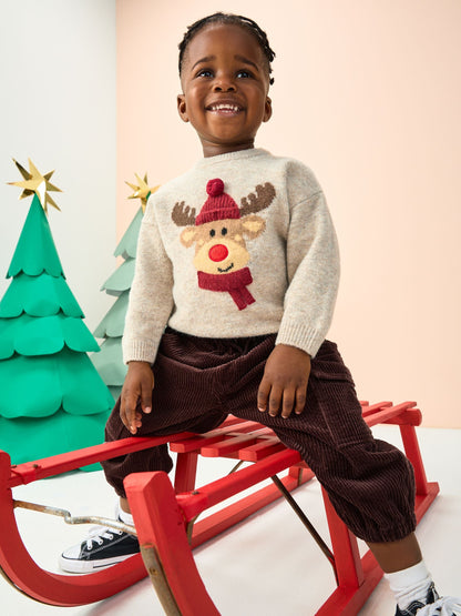 Neutral/Grey Reindeer Knitted Christmas Jumper (3mths-7yrs)