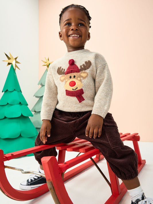 Neutral/Grey Reindeer Knitted Christmas Jumper (3mths-7yrs)