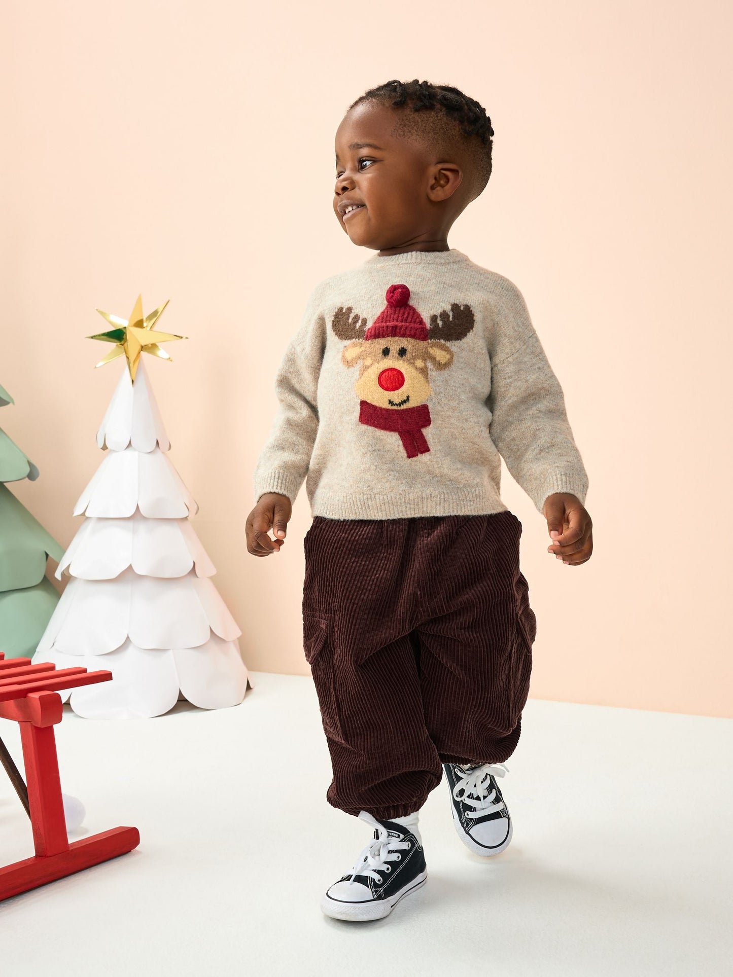 Neutral/Grey Reindeer Knitted Christmas Jumper (3mths-7yrs)