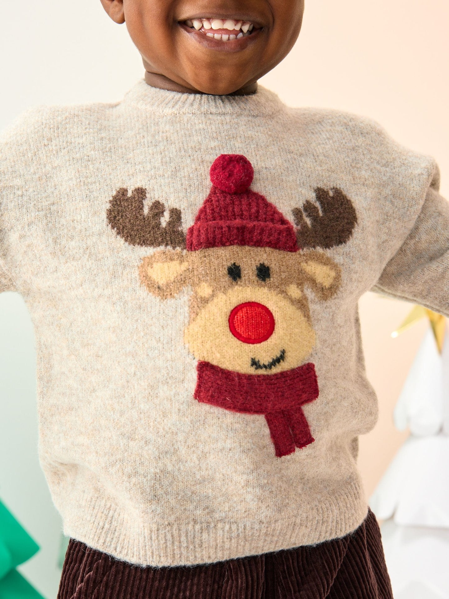 Neutral/Grey Reindeer Knitted Christmas Jumper (3mths-7yrs)