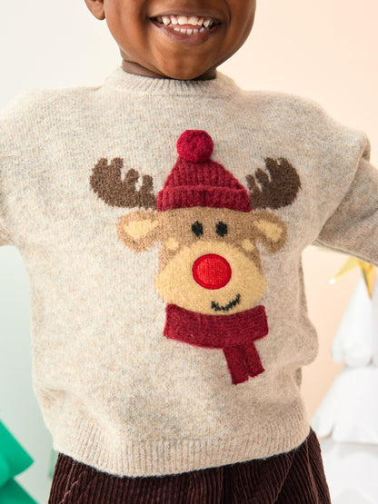 Neutral/Grey Reindeer Knitted Christmas Jumper (3mths-7yrs)