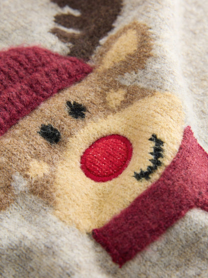 Neutral/Grey Reindeer Knitted Christmas Jumper (3mths-7yrs)