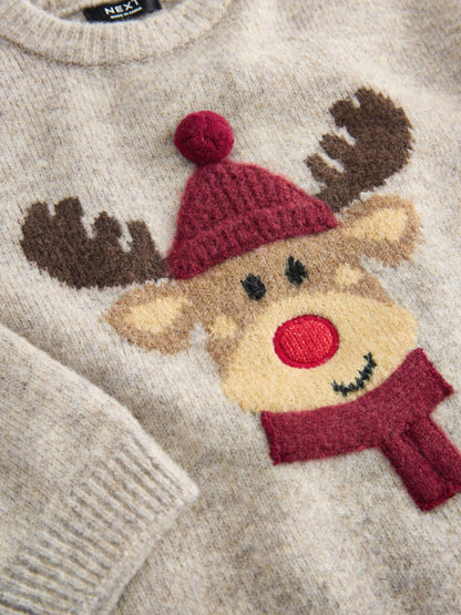 Neutral/Grey Reindeer Knitted Christmas Jumper (3mths-7yrs)