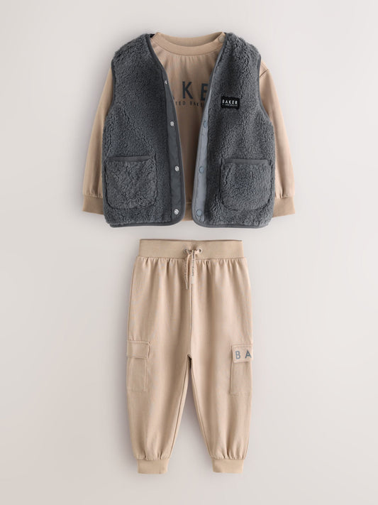 Baker by Ted Baker 3 Piece Stone Borg Gilet, Sweatshirt and Joggers Set image 1