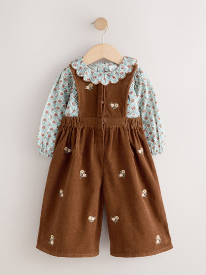Chocolate Brown Cord Dungarees & Blouse Set (3mths-7yrs)