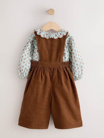 Chocolate Brown Cord Dungarees & Blouse Set (3mths-7yrs)