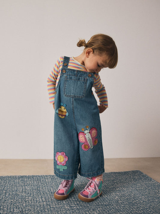 Mid Blue Bee Embellished Dungarees (3mths-7yrs)