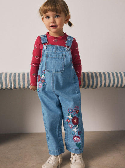 Mid Blue Floral Embroidered Dungarees (3mths-7yrs)