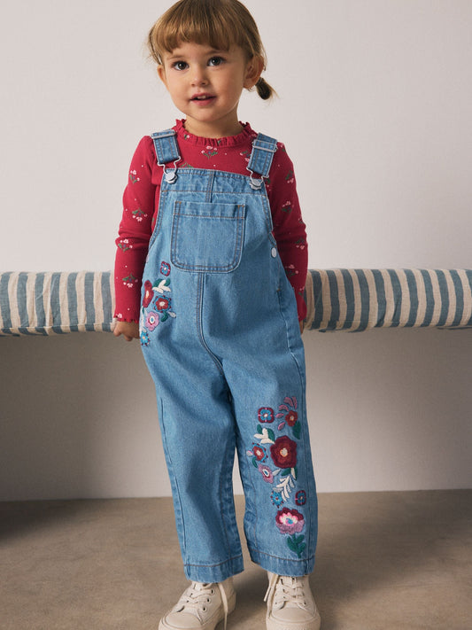 Mid Blue Floral Embroidered Dungarees (3mths-7yrs)