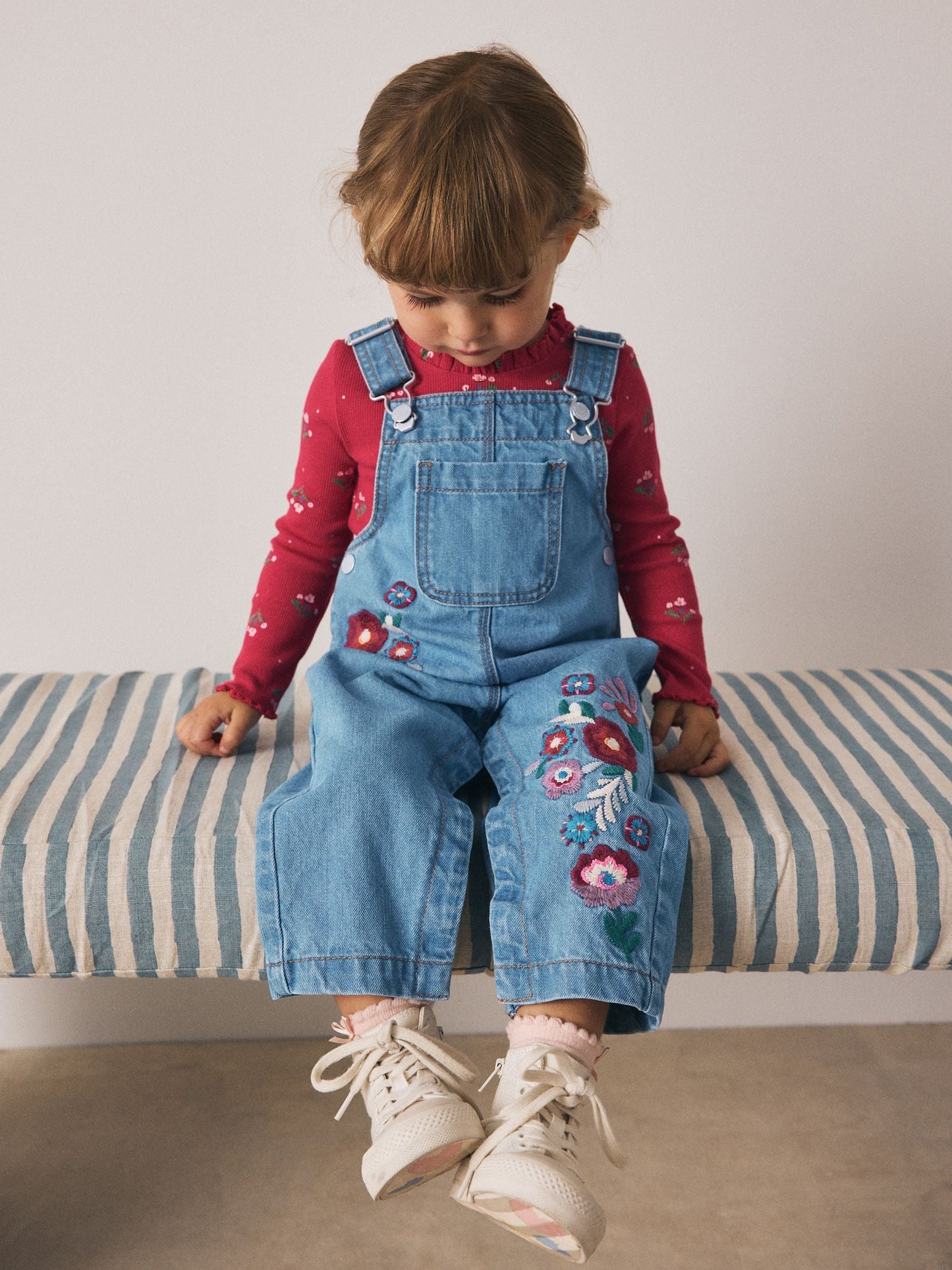 Mid Blue Floral Embroidered Dungarees (3mths-7yrs)