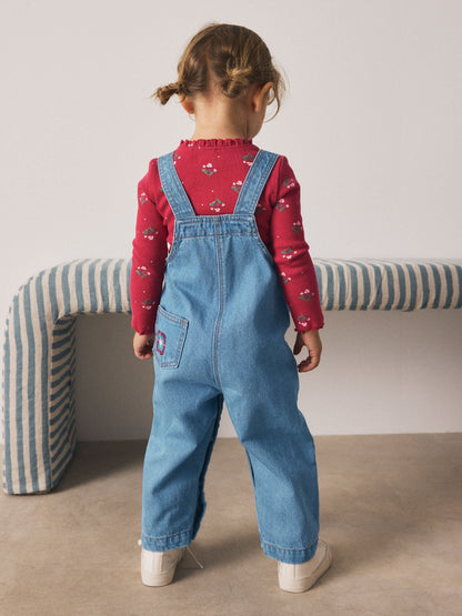 Mid Blue Floral Embroidered Dungarees (3mths-7yrs)