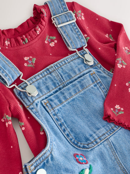 Mid Blue Floral Embroidered Dungarees (3mths-7yrs)