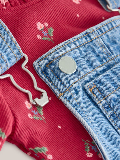 Mid Blue Floral Embroidered Dungarees (3mths-7yrs)