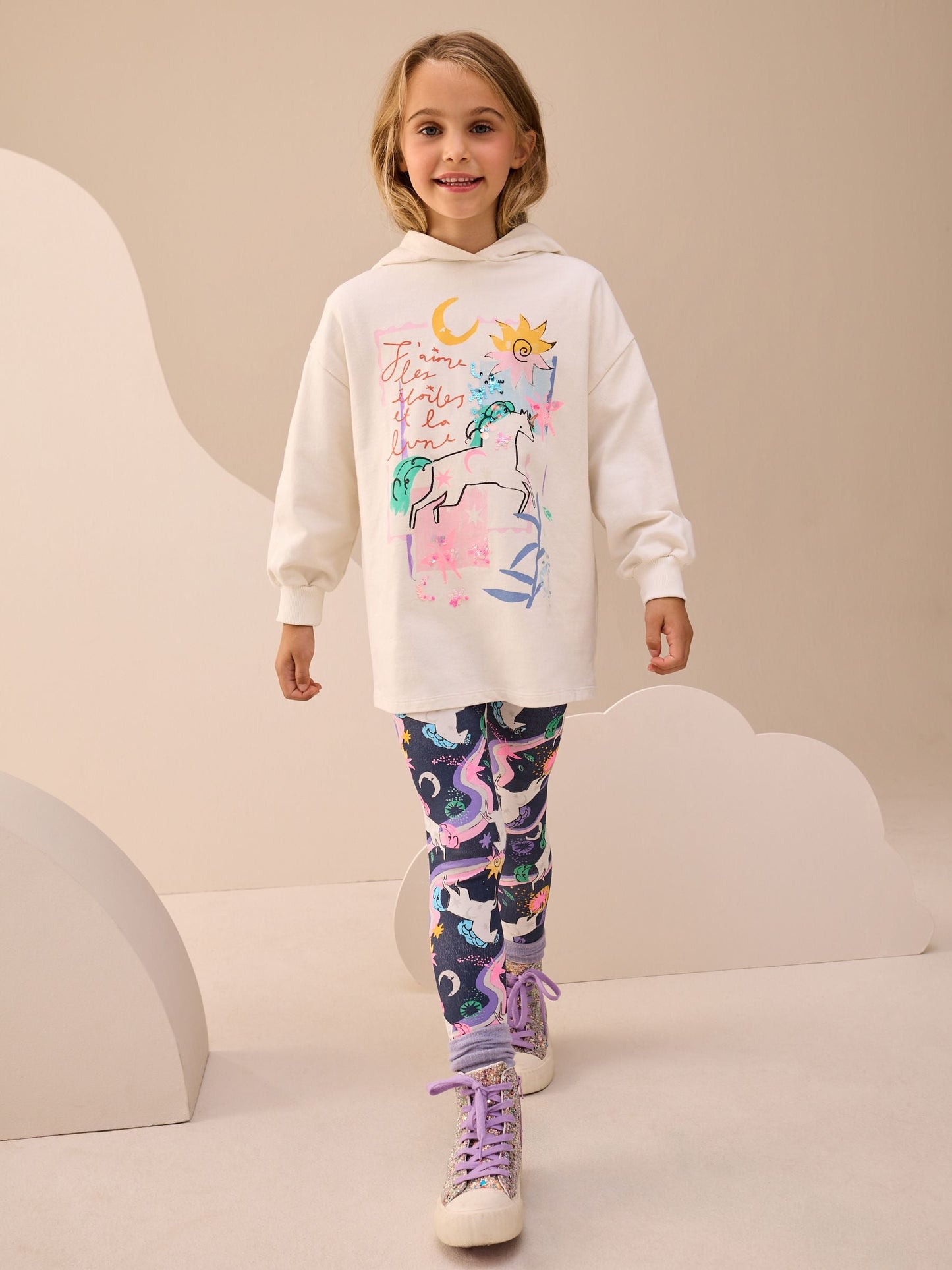 Ecru/Navy Unicorn Graphic Print Hoodie Leggings Set (3-16yrs)