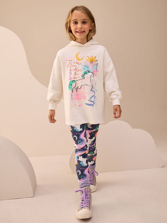 Ecru/Navy Unicorn Graphic Print Hoodie Leggings Set (3-16yrs)