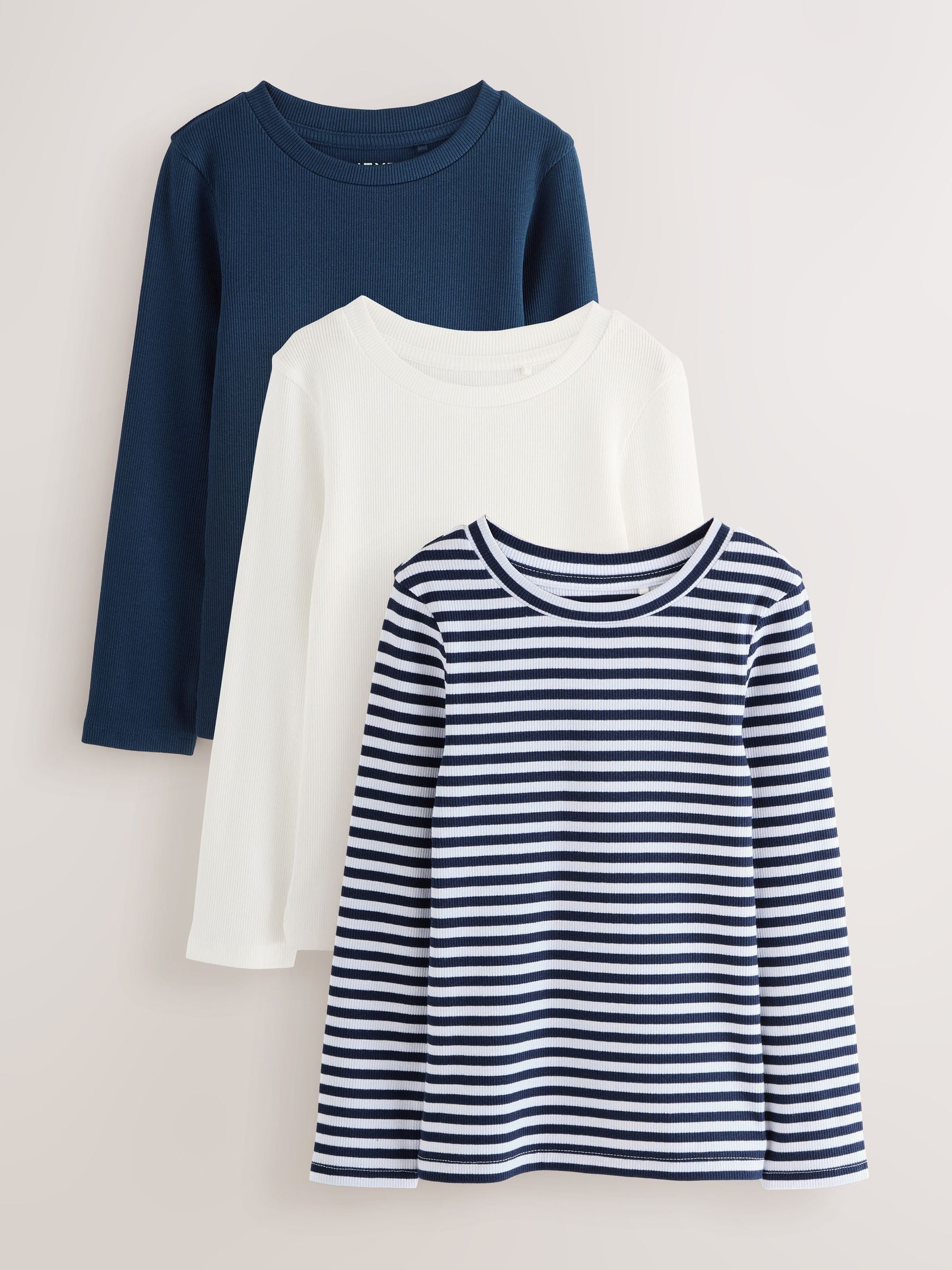 Dsiney Kidz - Navy/White Stripe Long Sleeve Ribbed Tops 3 Pack (3-16yrs) image 1