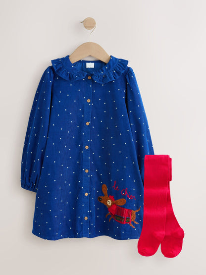 Cobalt Blue Character Cord Dress And Tights Set (3mths-8yrs)