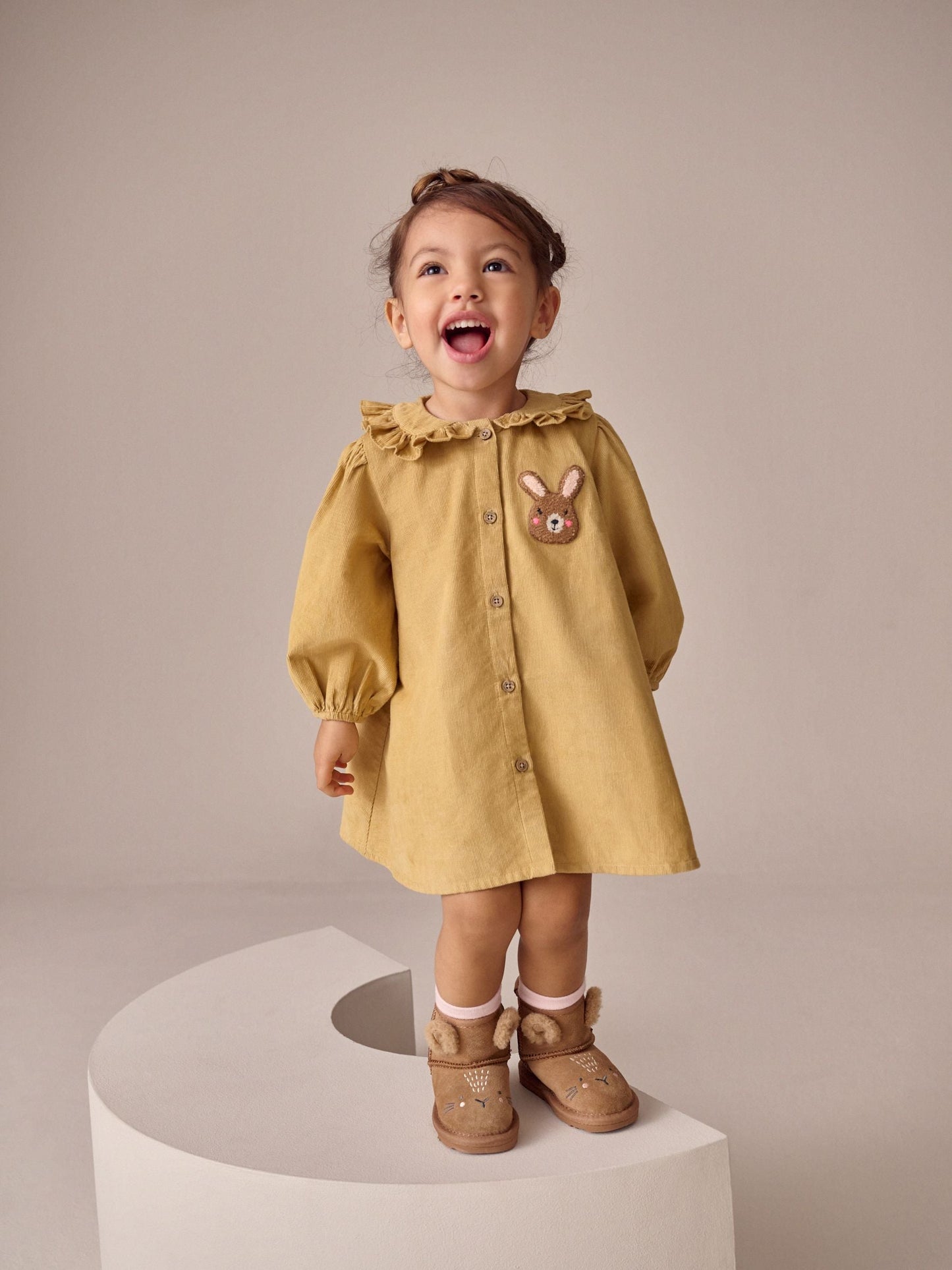 Ochre Yellow Bunny Cord Long Sleeve Dress (3mths-8yrs)