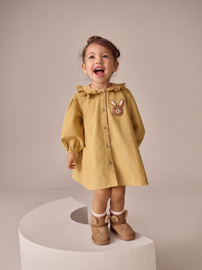 Ochre Yellow Bunny Cord Long Sleeve Dress (3mths-8yrs)