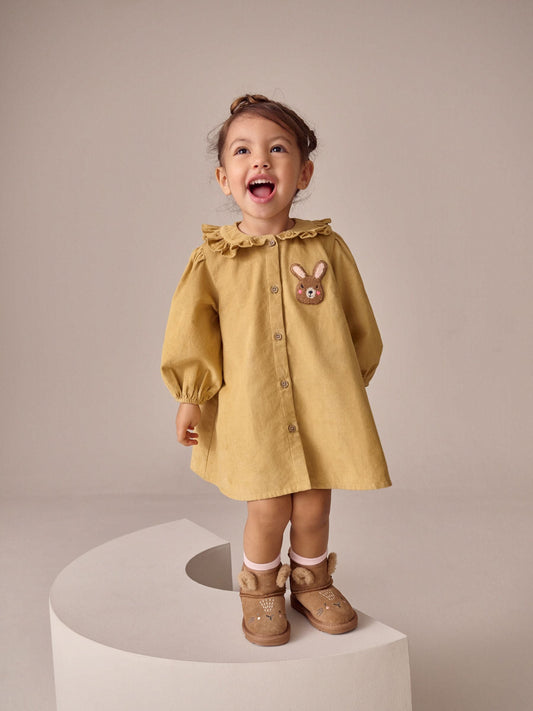 Ochre Yellow Bunny Cord Long Sleeve Dress (3mths-8yrs)