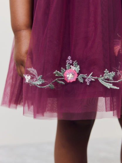 Berry Red Embroidered Mesh Party Dress (3mths-6yrs) image 5