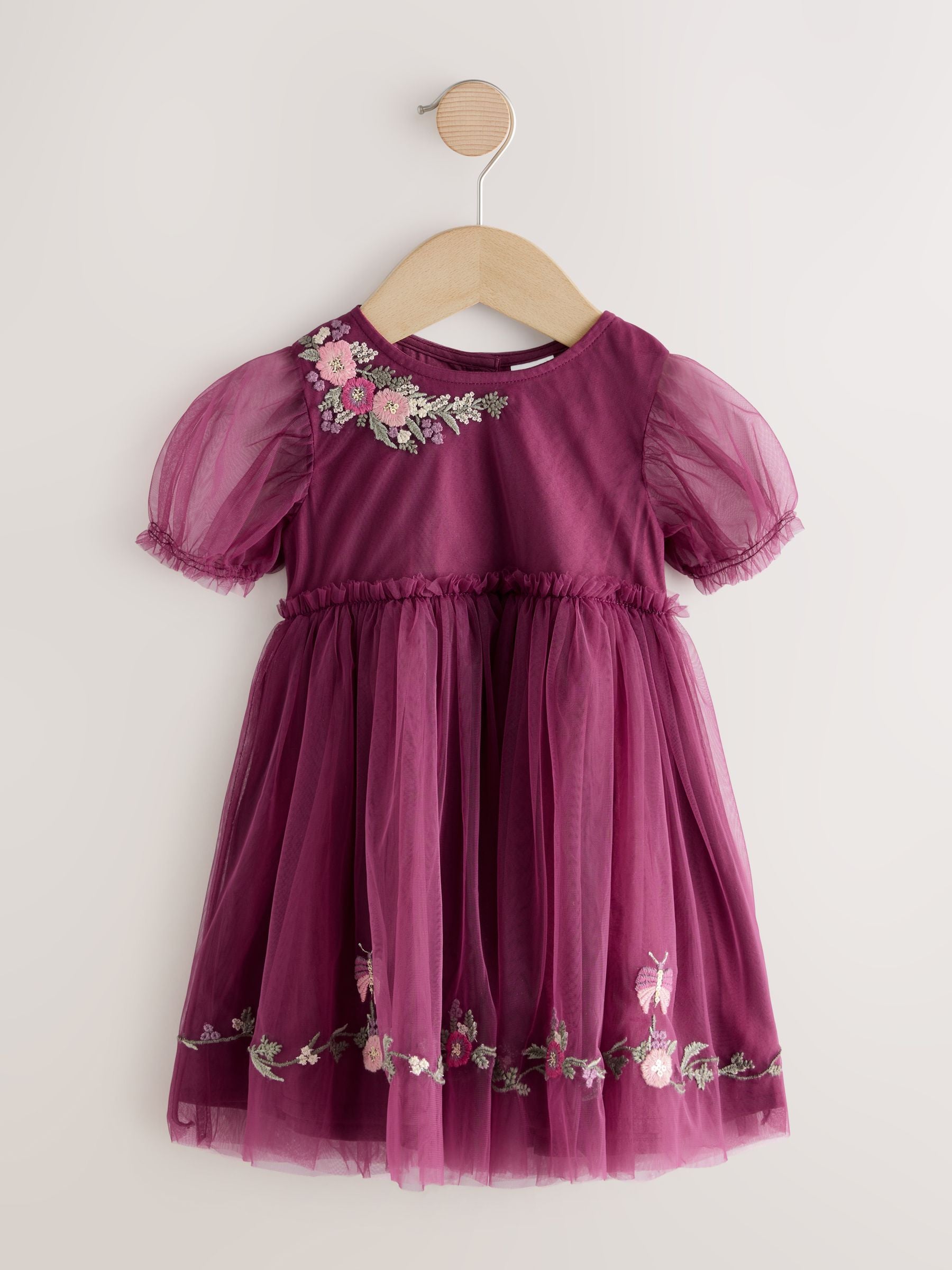 Berry Red Embroidered Mesh Party Dress (3mths-6yrs) image 6