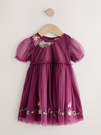 Berry Red Embroidered Mesh Party Dress (3mths-6yrs) image 6